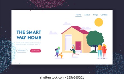 Smart Way Home Landing Page. Children Playing Ball Game with Dog. Married Couple near Residential House. Family Weekend in Countryside Website or Web Page. Flat Cartoon Vector Illustration