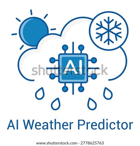 Smart Weather Forecast AI Line Icon, Artificial Intelligence Meteorology Climate Outline Symbol