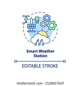 Icono de concepto de estación meteorológica inteligente. Gadget para los agricultores abstract idea ilustración de línea delgada. Rastreando las lluvias locales. Dibujo de contorno aislado. Trazo editable. Fuentes Arial, Myriad Pro-Bold utilizadas