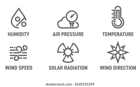 Inteligentes sensores de estação climática conjunto ícones - Umidade, Pressão do ar, Temperatura, Velocidade do vento. Radiação solar e direção do vento. Pictogramas para rotulagem em negrito