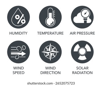 Smart weather station sensors icons set - Humidity, Air pressure, Temperature, Wind speed. Solar radiation and wind direction. Pictograms for labeling in monochrome style