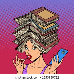 A smart well read woman with books. Pop art retro illustration kitsch vintage 50s 60s style
