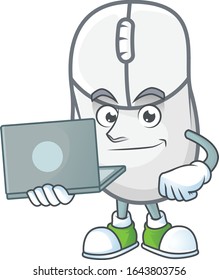 A smart white mouse mascot icon working with laptop