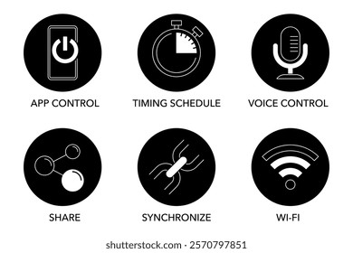 Smart Wi-Fi plug icons set in thin line with main characteristics - App control, Timing schedule, Voice control, Share, Synchronize. Or for any smart device. Labeling for packaging in circle shape