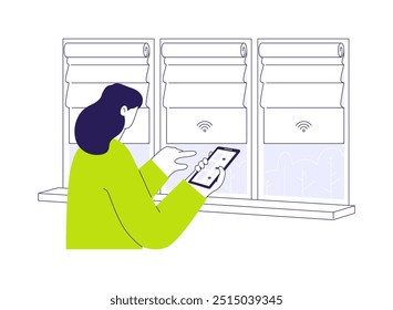 Smart window coverings abstract concept vector illustration. Woman closing curtains using smartphone app, sustainable energy sources, smart home technology, automated blinders abstract metaphor.