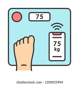 Smart wireless body scales color icon. Body mass index, muscle, fat measurement. Weight loss control device. Home digital bathroom scales with step on technology. Isolated vector illustration