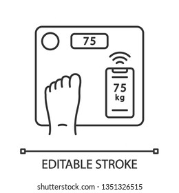Smart wireless body scales linear icon. Weight loss, body mass index control device. Digital bathroom scales. Thin line illustration. Contour symbol. Vector isolated outline drawing. Editable stroke