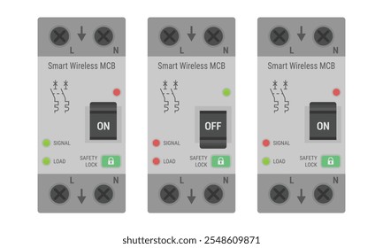 Smart wireless circuit breaker for DIN rail mount. Set of electronic devices isolated on white