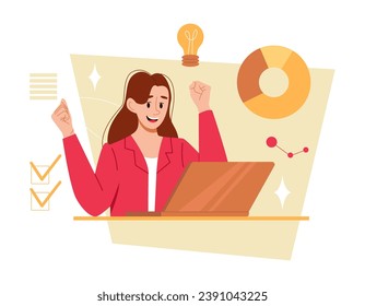 Smart Woman with Bright Idea in Office. Concept of Creative Idea, Smart worker, Education. Girl Working on Workplace. Vector Illustration n Flat Style.