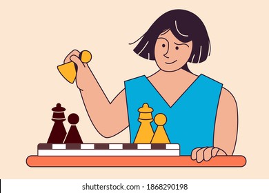 Smart woman chess player holds pawn in hand exposing queen. Royal Gambit. Chess game at table. Vector flat illustration. Banner, posters, web. Girl ponders move for chess mat.