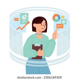 Smart woman concept. Young girl evaluates graphs and charts. Analyst doing marketing research. Entrepreneur and businesswoman looking at income and expenses. Cartoon flat vector illustration