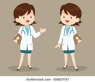 Smart woman doctor presenting in various action.character at hospital.Woman Doctor Holding Clipboard Talking, Physician, Hospital, Checkup, Patient, Healthy, Treatment, Personnel