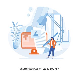 Smart woman freelance using pencil to create online blog image. flat vector modern illustration 