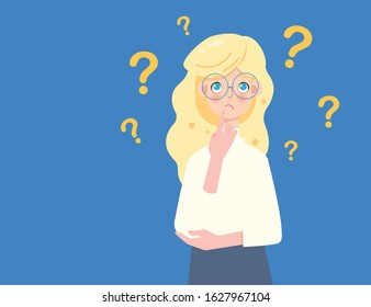 Smart woman with glasses is doubtful.
moment of uncertainty on a blue background for this young blond girl.
Question mark icons appear as female entrepreneur is wondering. 