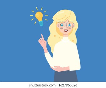 Smart woman with glasses has an idea.
Epiphany moment on a blue background for this young blond girl.
Lightbulb icon shines as female entrepreneur has an idea. 