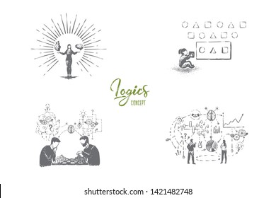 Smart woman holding brain and heart, child solving puzzle, men playing chess, system analysis, logic banner. Intellectual activities, creative thinking concept sketch. Hand drawn vector illustration