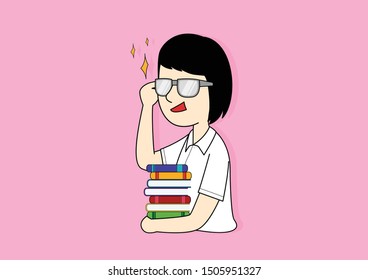 Smart woman holding glasses and stacked books, Cool woman student on pink background , Cartoon vector illustration