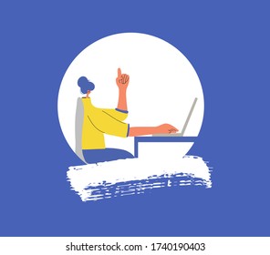 Smart woman icon. Character working on computer and have an idea. P
Female person using laptop. Vector flat color illustration.