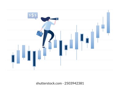 Intelligente Frau Investor Blick auf Ferngläser auf den Handel Kerzenständer Chart. Investitionsprognose oder -vorhersage, globale Vision, um Investitionsmöglichkeiten zu sehen. Zukünftiger Gewinn aus Börse oder Forex. Vektor