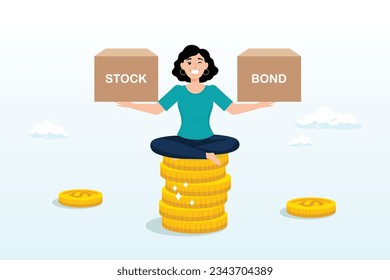 Smart woman keep calm sitting on stack of money coins balancing stock and bond boxes, diversify portfolio investment, rebalance between stocks and bonds, passive invest wealth accumulate (Vector)