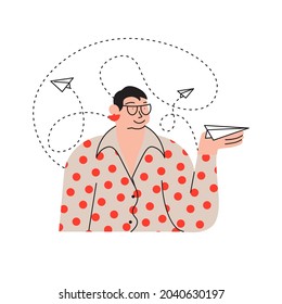 Smart woman launches flying offer message on paper planes. Email marketing, newsletter, news, offers, promotions subscription and business concept. Flat Art vector illustration