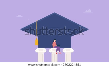 Smart woman learning with laptop on mortarboard pillars. Curriculum, learning or education, student academic, study new knowledge or scholarship, learning lesson, certificate or graduated concept.
