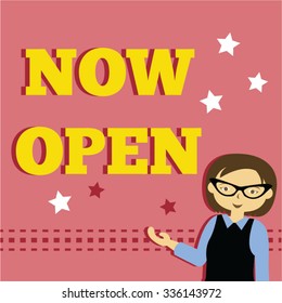 smart woman with now open sign