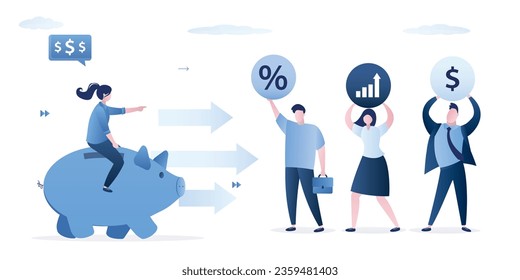 Mujer inteligente monta el banco de cerdos a la riqueza. Los empresarios ofrecen diferentes opciones para invertir y preservar el capital. Buena gestión de dinero, forma de ganancia, ingreso pasivo. ilustración vectorial plana