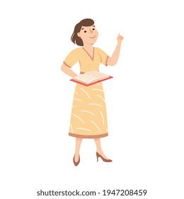 Smart Woman School Teacher or Educator with Open Schoolbook Vector Illustration