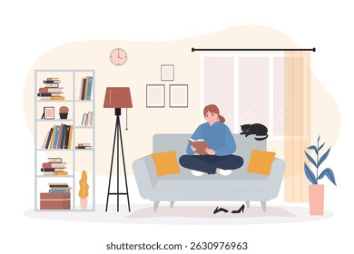 Smart woman sitting on sofa and reading book. Female character indoor, living room interior with furniture. Person relax after work. Bookworm reader. Education, knowledge. flat vector illustration