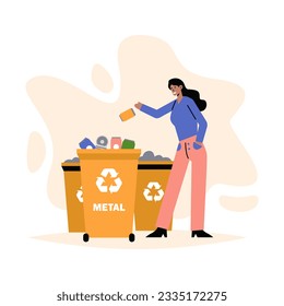 Smart woman sorting metal garbage. Recycling of different products concept. Second life and recycling. Call for proper waste management. Flat vector illustration in green and blue colors