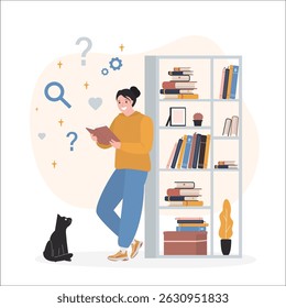 Smart woman standing near bookshelf and read book. Literature to read, learn. Happy female character taking textbook from bookshelf. Bookworm. Education, learning concept. flat vector illustration