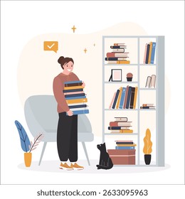 Smart woman standing near bookshelf and holding stack of new books. Literature to read, learn. Happy female character taking textbooks from bookshelf. Bookworm, education. flat vector illustration