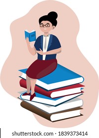 Smart woman (teacher) in glasses with big head sits on books and reads a book