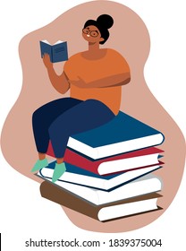 Smart woman (teacher) in glasses with big head sits on books and reads a book