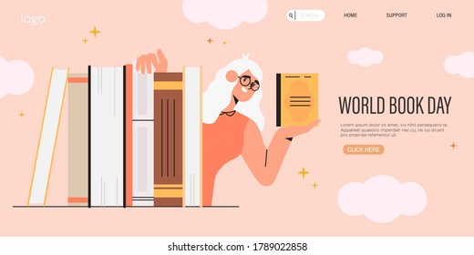 Smart woman or teacher in glasses hold a book and hide behind a pile of books. World book reading or literacy day banner, web page, social media post. Book market or fair concept. Online reading.