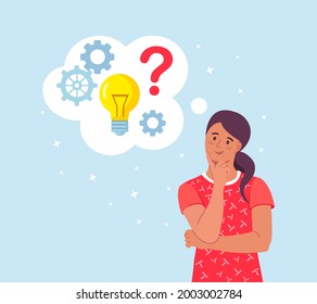 Smart woman thinking or solving problem. Pensive girl with thought bubbles, question marks, light bulb. Girl is confusing. Vector illustration