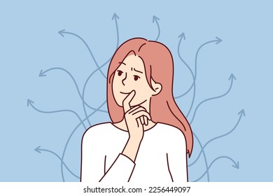 Smart woman touches lips standing near arrows pointing in different directions. Long-haired girl is thinking over ways to achieve goals in personal life or career. Flat vector illustration 