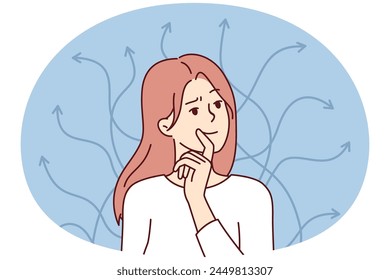 Smart woman touches lips standing near arrows pointing in different directions. Long-haired girl is thinking over ways to achieve goals in personal life or career. Flat vector illustration