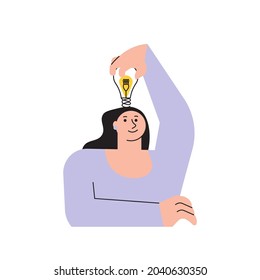 Smart woman turned on the new idea light bulb. Personal growth, Creative idea, education, advertisement, figure out, leaning and business business concept. Flat Art vector illustration