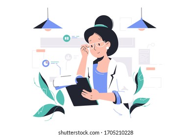 Smart woman working with data vector illustration. Female accountant holding clipboard in office flat style. Business and finance concept. Isolated on white background