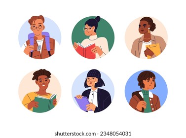 Mujeres inteligentes, hombres, se enfrentan a retratos. Estudiantes, profesores, lectores de libros, gente de negocios, expertos, oficinistas, avatares en círculos. Ilustraciones gráficas planas vectoriales aisladas en fondo blanco