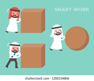 Smart work concept, Arab businessman rolling sphere rock while another businessman hard work by pushing cube stone, flat design