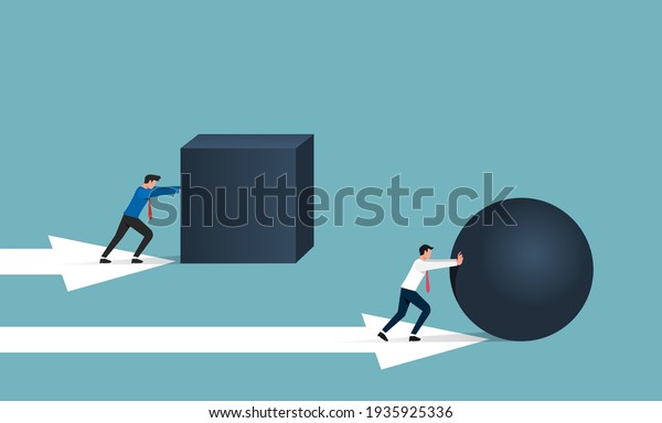 Smart work and\
efficiency concept. Businessman rolling sphere rock while another\
pushing cube stone\
illustration.
