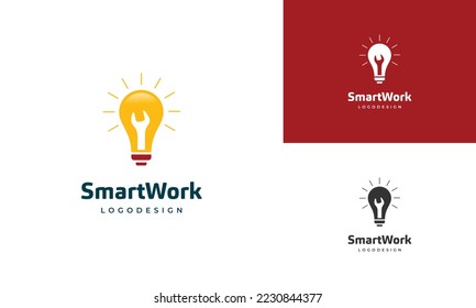smart work logo design, smart mechanic logo, light bulb combine with wrench logo concept 