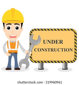 Smart worker cartoon character with under construction sign eps 10 vector illustration