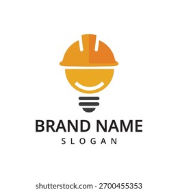 Modelo de logotipo de trabalhador inteligente, capacete com ilustração de lâmpada
