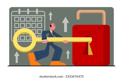 Smart worker unlock lock of success with key. Handsome employee move up career ladder and achieve goals by successfully completing tasks. Flat vector illustration in cartoon style