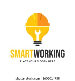 Smart working vector logo template. This design use helmet, bulb lamp and wrench.