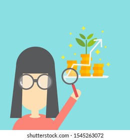 Smart working woman hold magnifying glass for learning investment saving concept